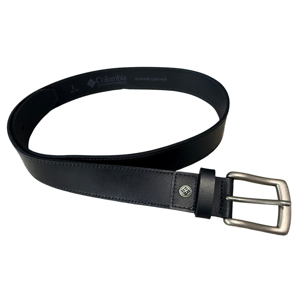 Columbia Mens Belt Genuine Leather Silver Buckle Logo L 38-40 Black Casual
